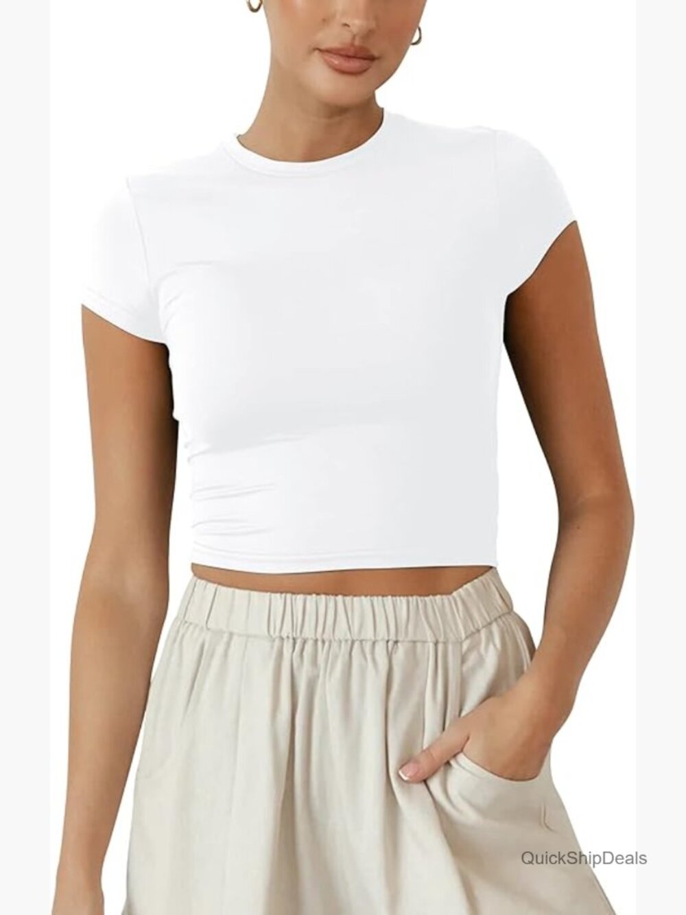 Slim Cap Sleeve Round Neck Crop Tee Tops Basic Cute Form Fitting Tshirt Summer